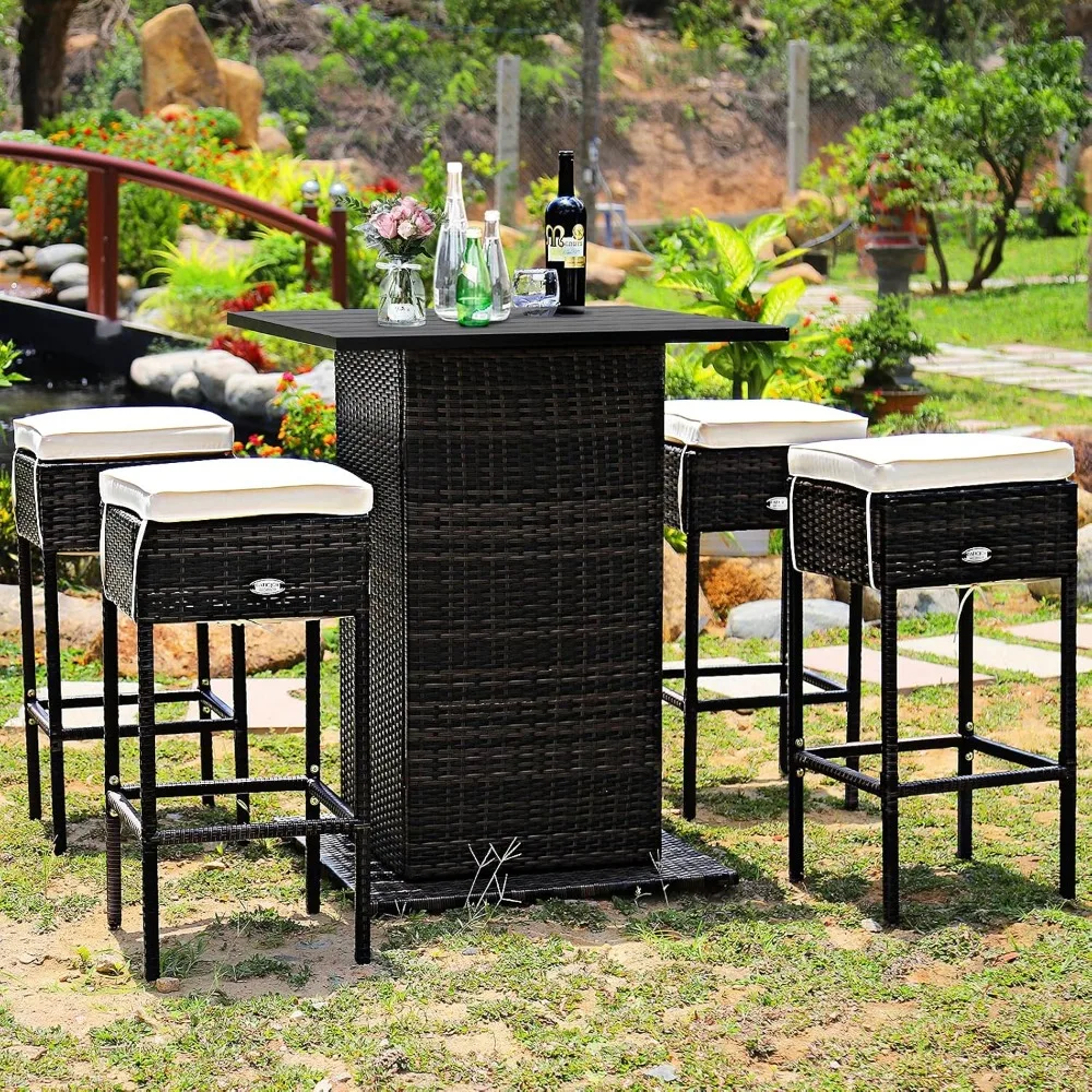 5 Piece Outdoor Rattan Bar Set, Patio Bar Furniture with 4 Cushions Stools and Smooth Top Table with Hidden Storage Shelf