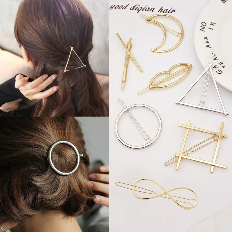 Women Girls Hairpins Hollow Circle Lip Moon Triangle Star X Eight Hair Clip Barrette Party Hair Accessories Gold Plated