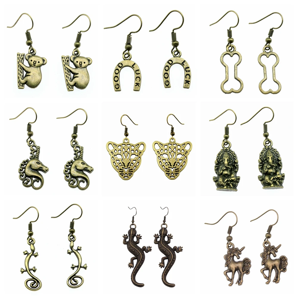 30 Styles Vintage Antique Bronze Color Plated Animal Earrings Tiger Leopard Lizard Unicorn Koala Snake Elephant Pendant Earring