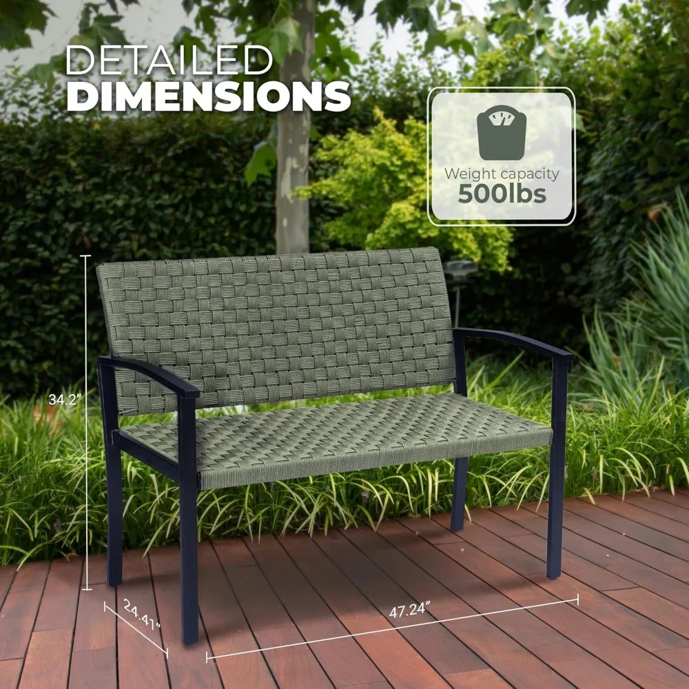 Outdoor Bench with High Back and Arms, Wood Bench Outdoor, Rustic Legs with PE Wicker Seat, All-Weather Outdoor Benches