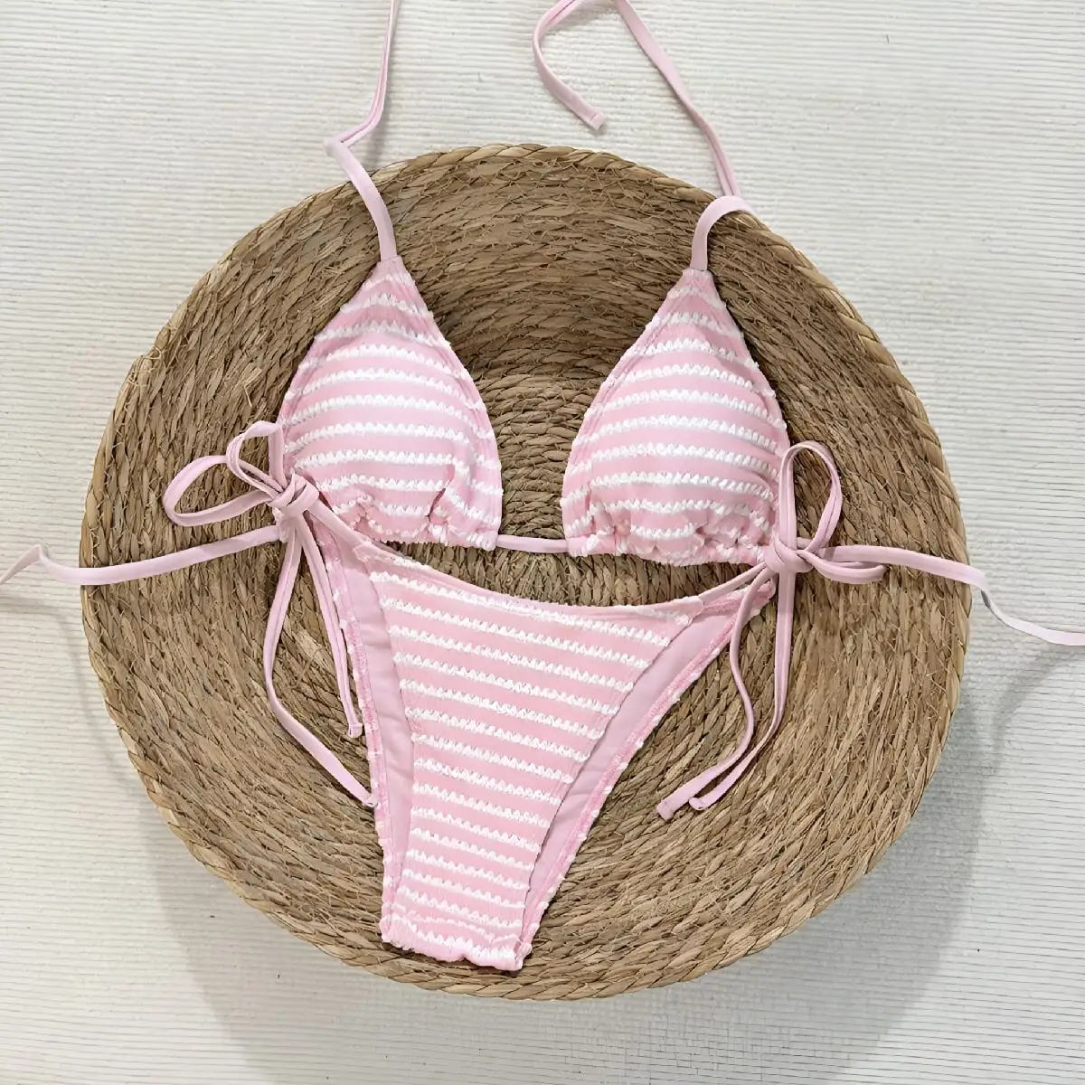 Sweet Pink White Textured Stripe Bikini Halter Triangle Cup Tie Side Two‑Piece Swimwear Women Beach Swimsuit