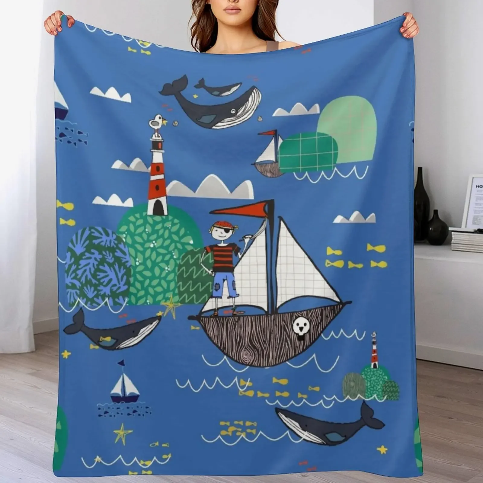 

Pirates Ahoy Blue Throw Blanket Large Beach Warm Custom Blankets