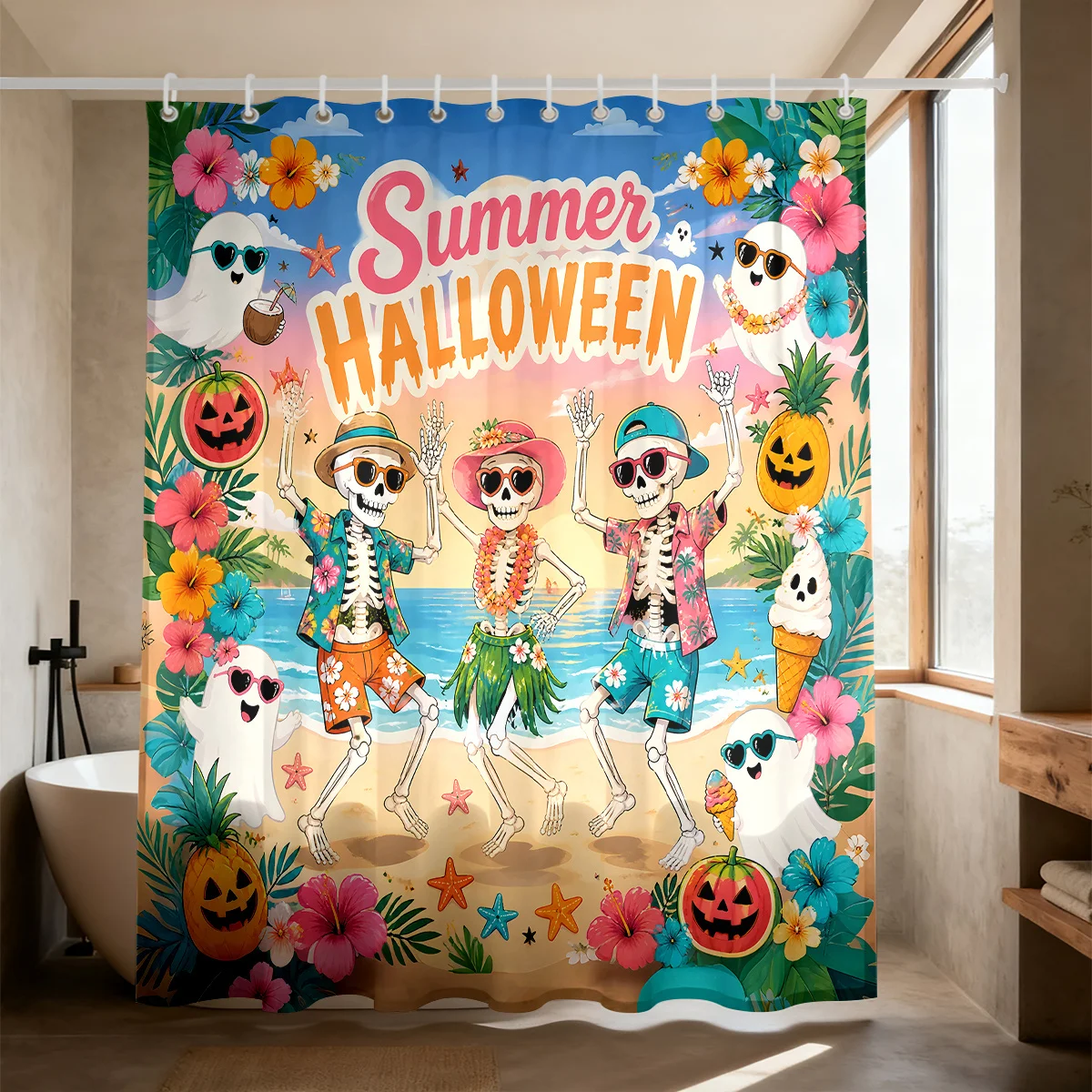Fun Summer Halloween Shower Curtain Tropical Skeleton Beach Party Bathroom Decor Novelty Print