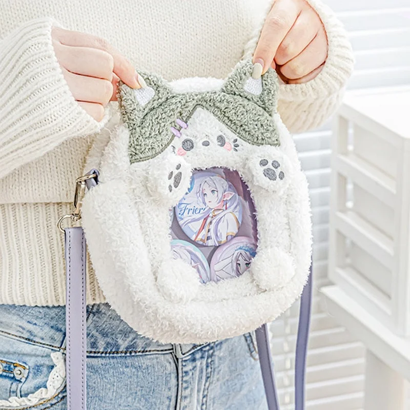 Marshmallow Animal 10cm Plushie Display Ita Bag, Cute Fluffy Mini Crossbody Pouch with Clear Window, for Anime Kpop Merch Decor