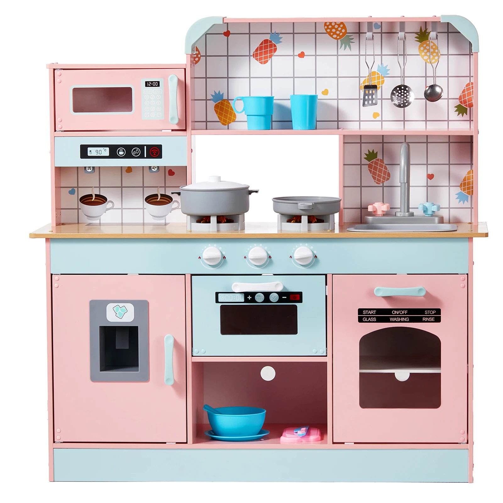 Play Kitchen for Kids, Fridge and Utensil and Fruit Accessory for Toddlers ages 3-8,Pink, Wooden Toy Kitchen Set with Lights and Sounds, Toddler Kitchen with Ice Maker, Oven, Sink, Microwaves