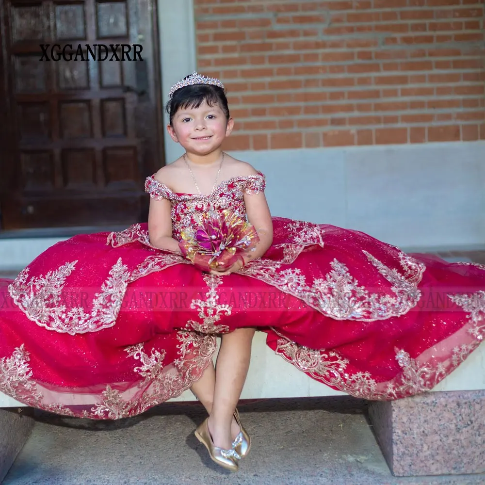 Custom Made Wine Red Flower Girl Dresses 2023 Saudi Arab Style Mini Quinceanera Dress Little Girl Princess Birthday Party Gown