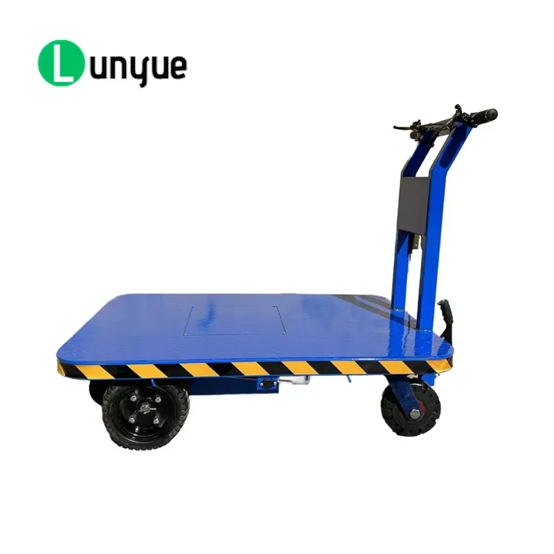 1 Ton Electric Platform Truck with Seat 4 Wheel Battery Powered Cargo Flatbed Trolley Steel Body Heavy Duty Transporter for