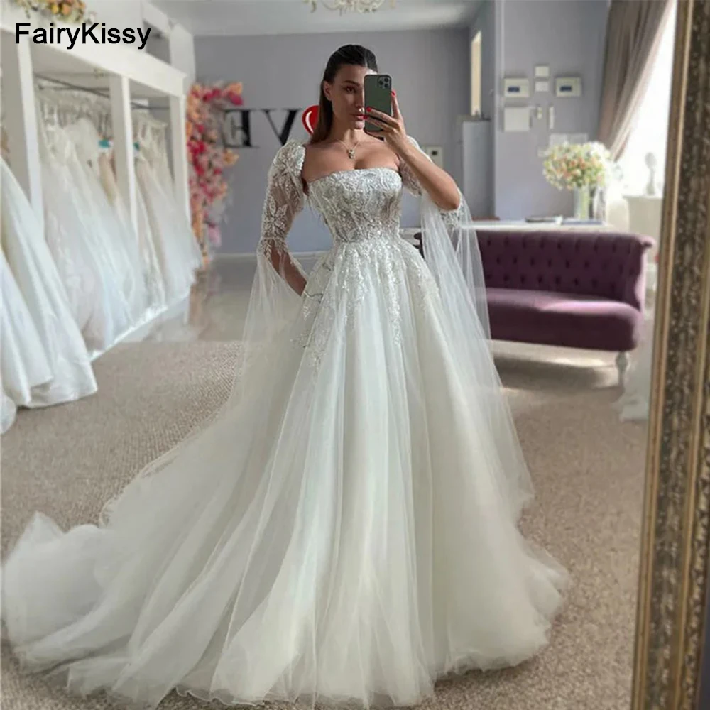 

FairyKissy Lace Strapless Wedding Dresses With Detachable Sleeve Puff Tulle Bride Dress Elegant Elegant Wedding Gowns 2024