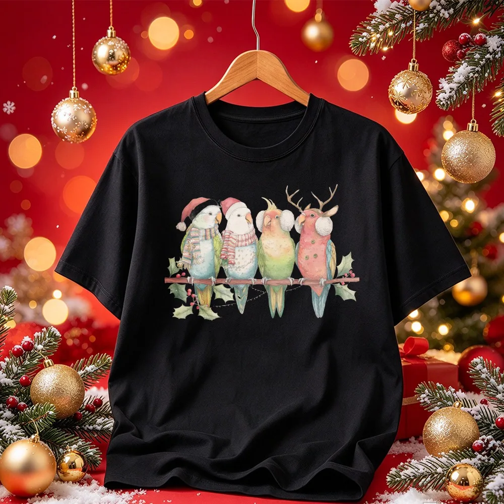 Graphic Tee Christmas Parrot T Shirt Festive Colorful Holiday Birds Graphic Tee Santa Hat Reindeer Horns Scarf Holly Print Shirt