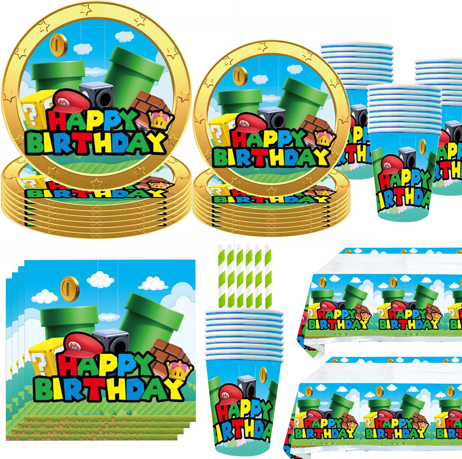 Cartoon Game Super Bros Birthday Party Decoration Banner Balloon Tableware Marios Festive Event Supplies Free Custom Background