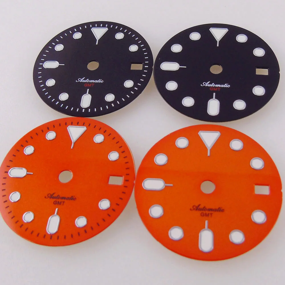 29mm NH34 Watch Dial Face Hand Set for S NH34 GMT Movement Orange Black Dial Plate Green Luminous SKX Mod Parts