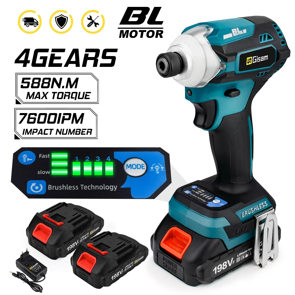 588N.m Brushless Cordless Driver Drill Impact Electric Screwdriver 4 Speed with LED Light Power Tool For 18V Makita Battery