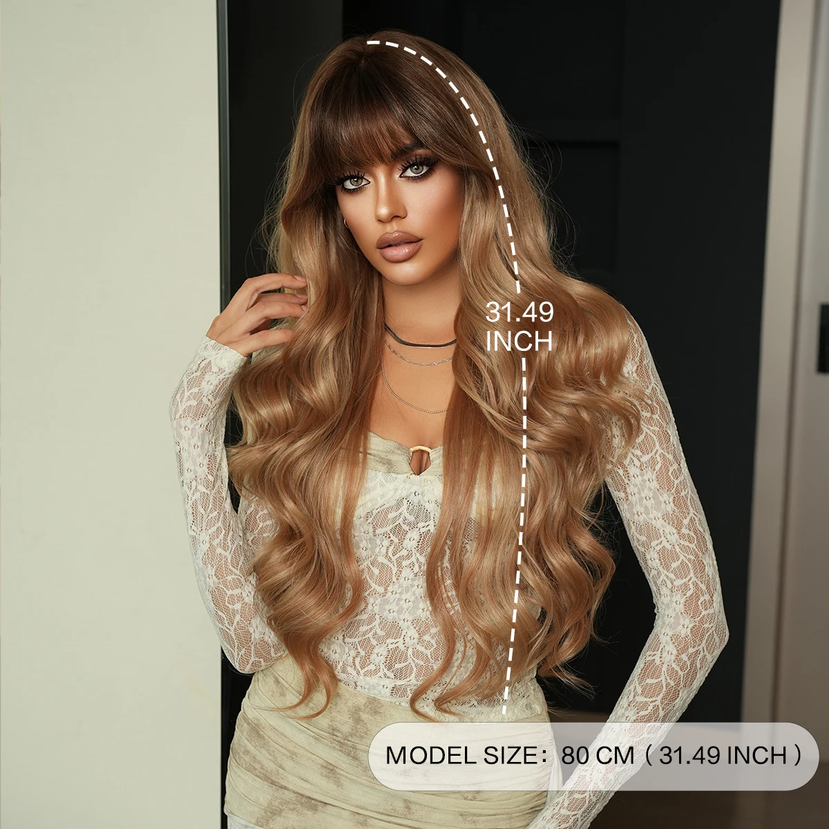 NAMM Long Wave Brown&Balayage Wigs For Women With Bangs Dark Roots High Quality Synthetic Heat Resistant Fiber Wig Hair