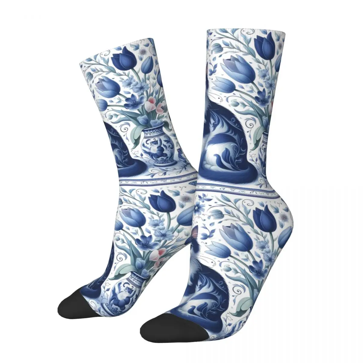 Russian Blue White Porcelain Animal Art Sock Printed Man Polyester