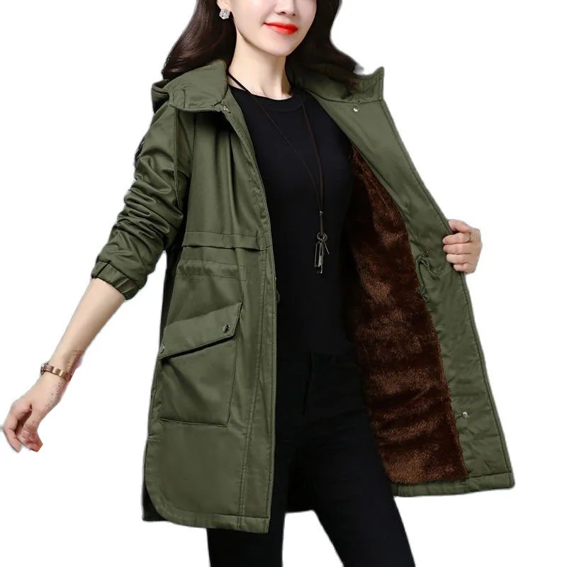 

Winter Women Windbreaker Coat 2023 New Add Velvet Thick Hooded Jacket Female Warm Overcoat Large Size Loose Women Tops H165