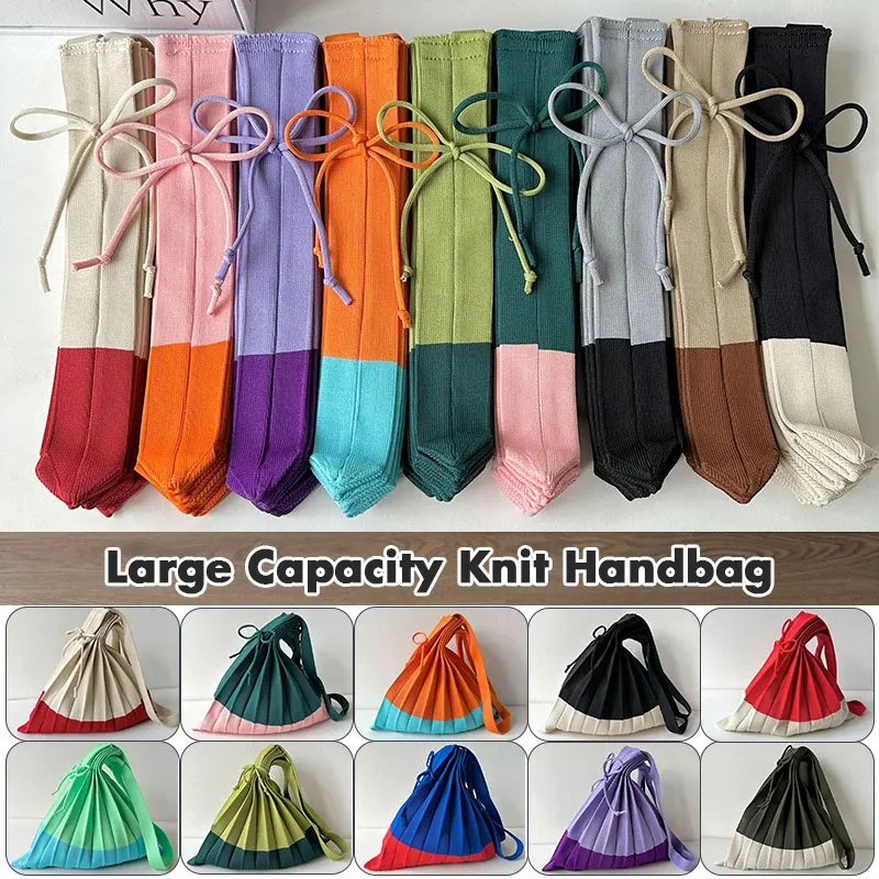 1pc Knitted Pleats Tote Organ Bag Designer Chic Stitching Contrast Korean Retro Fashion Women Shoulder Shopper Handbag Foldable