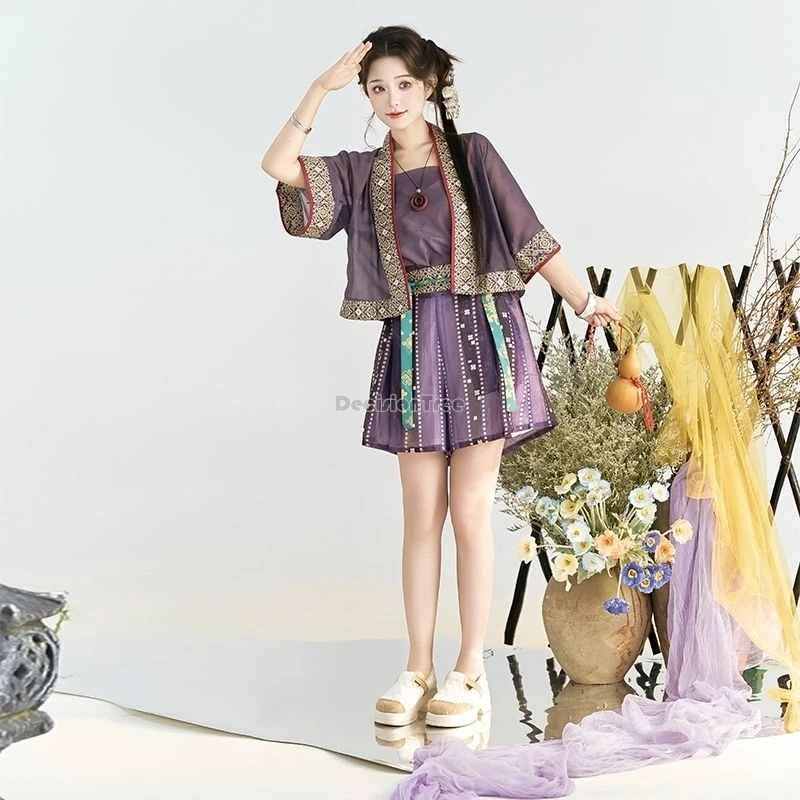 

Лето 2025 года, улучшенные короткие рубашки в стиле династии китайской песни, короткие рубашки с принтом ханьфу, эластичный топ с лямкой на шее, женские повседневные современные комплекты ханьфу