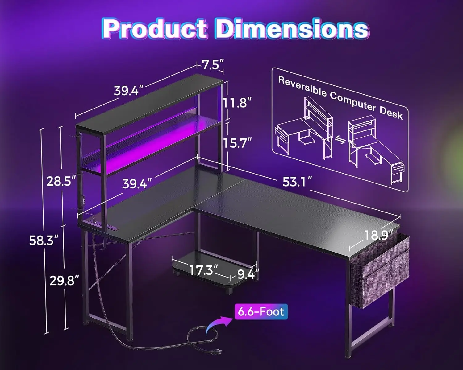 Mesa de jogos em forma de L com luz LED e tomada de energia, mesa de computador reversível em forma de L de 53 polegadas com prateleira, canto