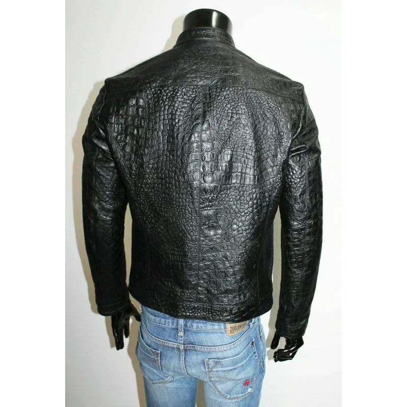 Men's Real Leather Crocodile Embossed Print Jacket Biker Motorcycle Black Jacket