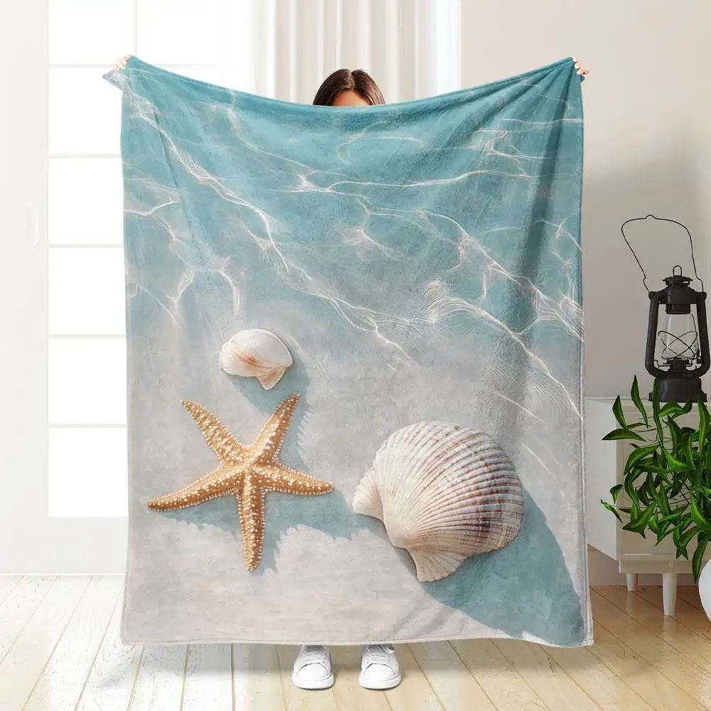 1pc Turquoise blue and gold nautical starfish and shell print blanket, polyester fabric, suitable for bedroom living room