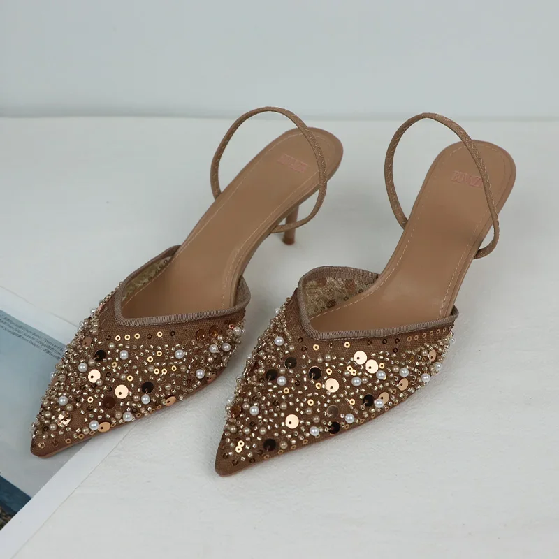 

Luxury Sequins Beaded High Heels Women Sandals Sexy Pointed Toe Breathable Mesh Summer Footwear Brand Party Ladies Wedding Shoes