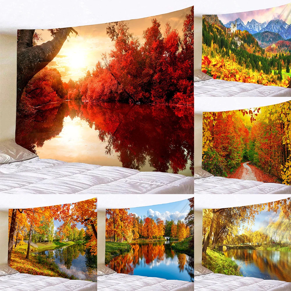 

Bedroom Living Daily Decor Tapestry Autumn Leaves Dusk Pond Landscape Plant Wall