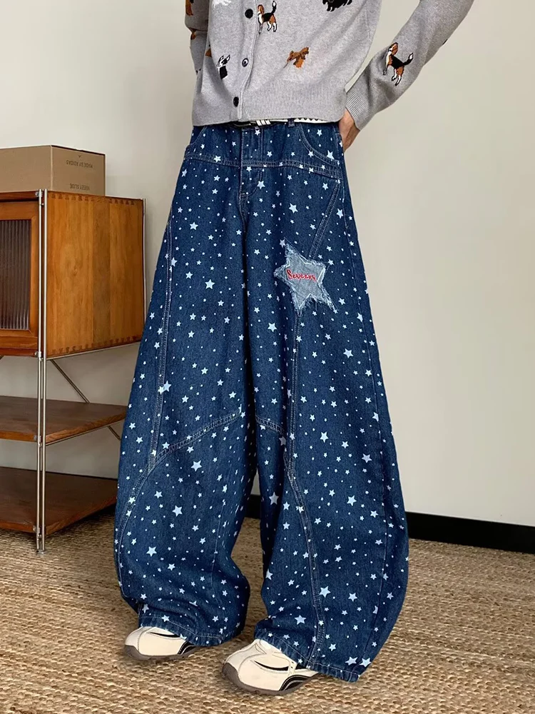 American Vintage Star Jeans For Men Printed Patch Loose Denim Pants Fashion High Street Splicing Hip Hop Wide Leg Trousers