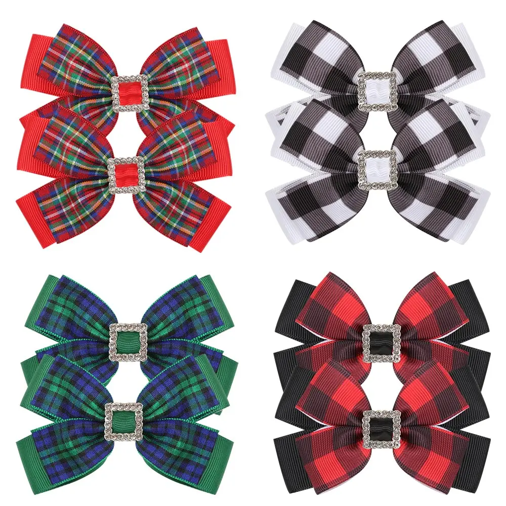 3inch 2pcs/Set Christmas Rhinestone Hair Clips Girls Red Green Plaid Bows Hairpins Festival Party Gift Children Hair Accessories