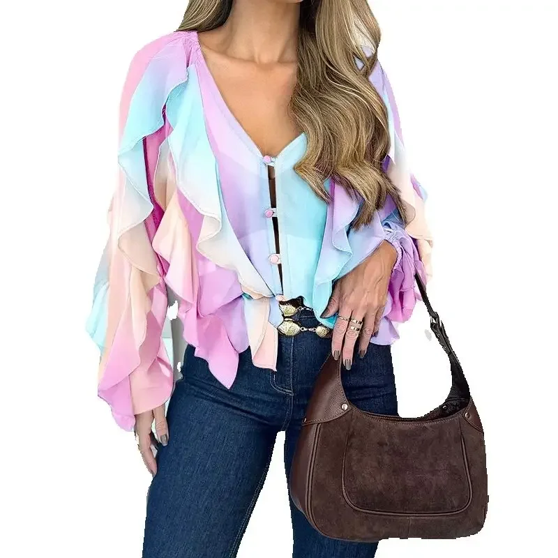 Womens Ombre Asymmetrical Ruffles Blouse Summer New Fashion V Neck Shoulder Shirt Women's Casual Button Front Long Sleeve Top