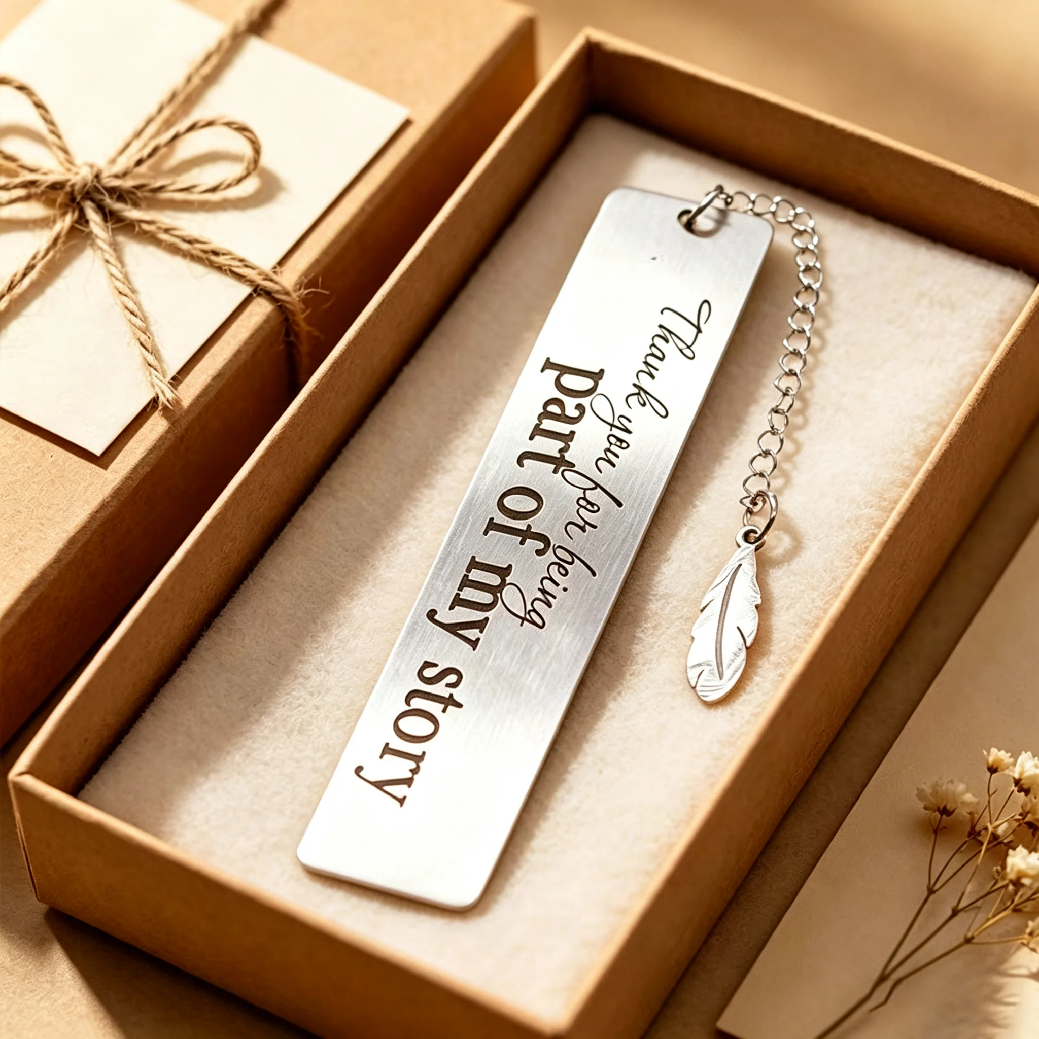 Custom Text Stainless Steel Bookmark Feather Pendant Chain Engraved Thank You Message Gift Box Reader Graduation Teachers Day