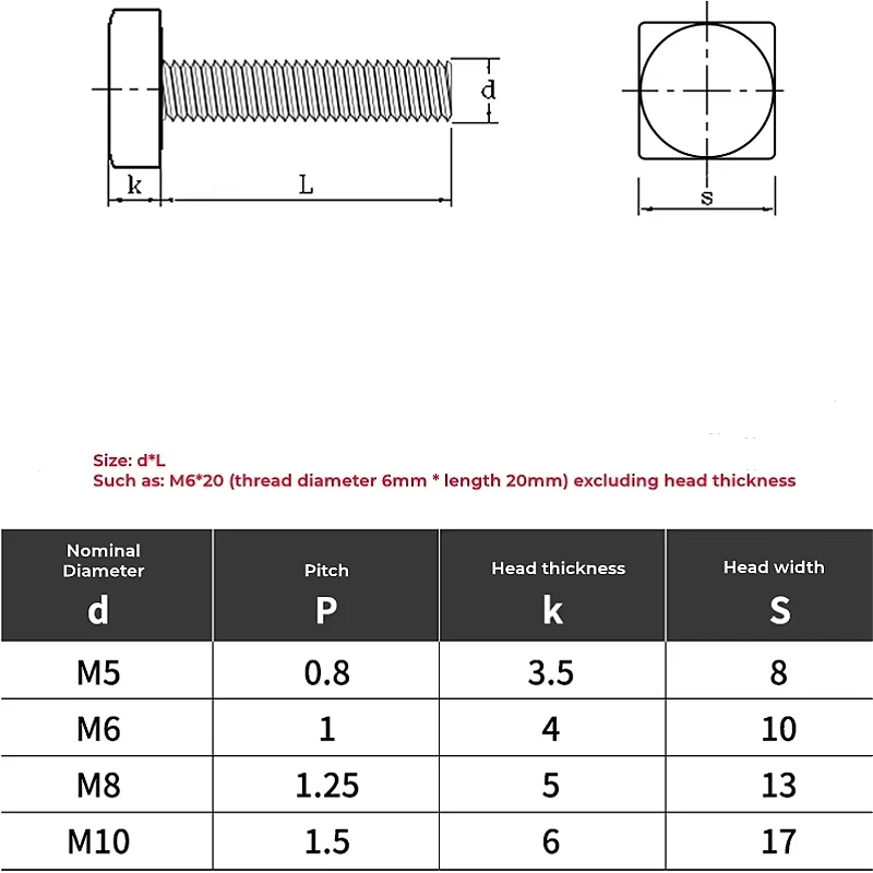 M4 M5 M6 M8 M10 M12 304 Stainless Steel Square Head Bolts Flat Foursquare Quadrate Shape Head Full Thread Machine Screw GB35