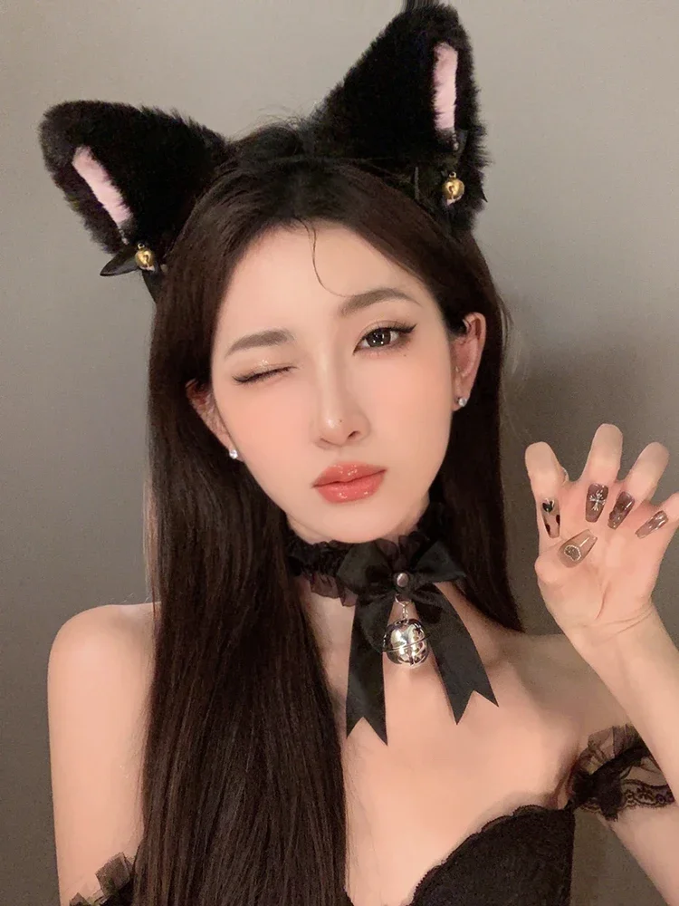 Sexy Women Cat Ears Headband for Girls Lace Bow Necklace Plush Bell Hairband Cosplay  Masque-Party Costume Hair Accessories