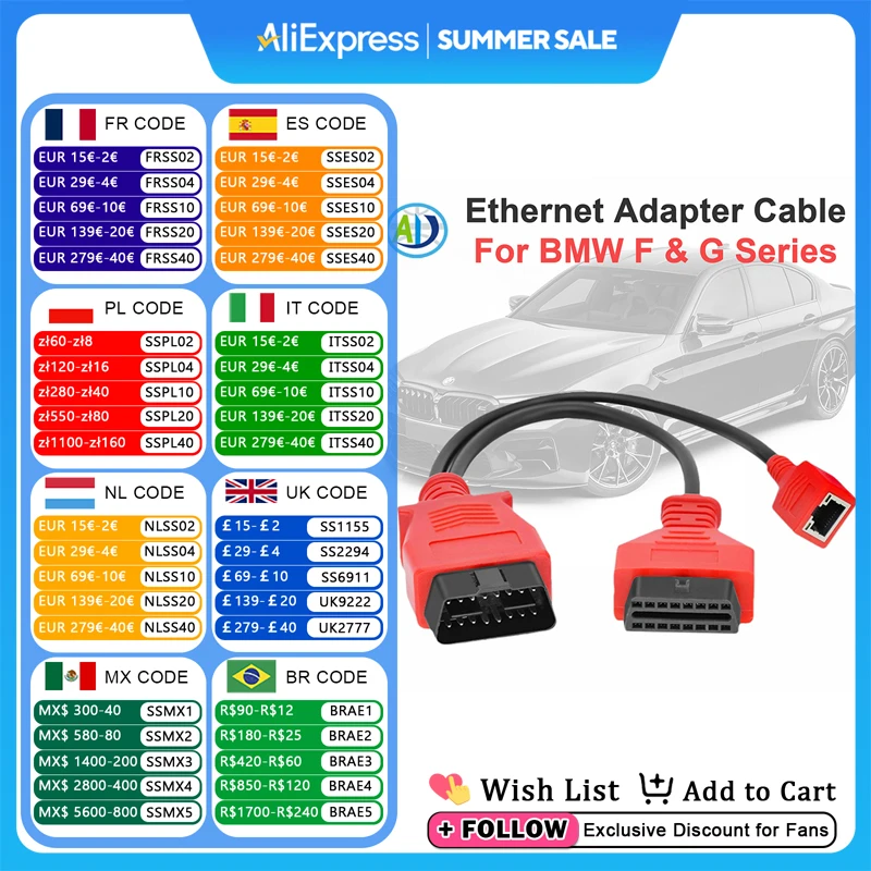 

Ethernet Adapter For BMW F/G Series ENET RJ45 Connector For ESYS K DCAN For Autel MS908S/IM608/IM600 OBD2 Car Diagnostic Cable