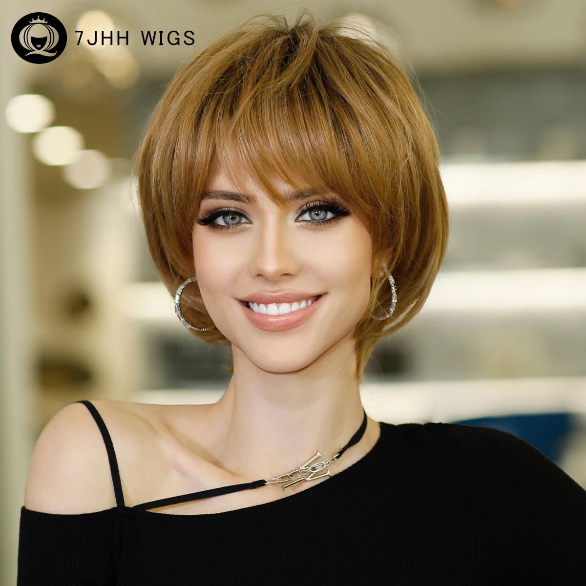 7JHH WIGS Short Bob Wig Ombre Blonde Wig for Women Daily Party Natural Synthetic Hair Wig with Bangs Heat Resistant Fiber