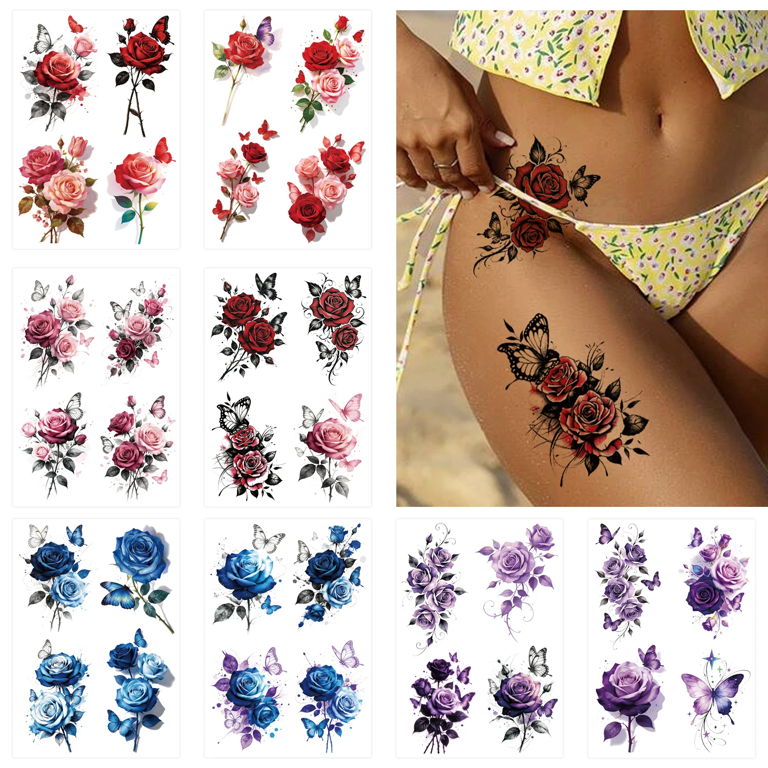 8 Sheets Watercolor Rose Flowers Temporary Tattoos For Women