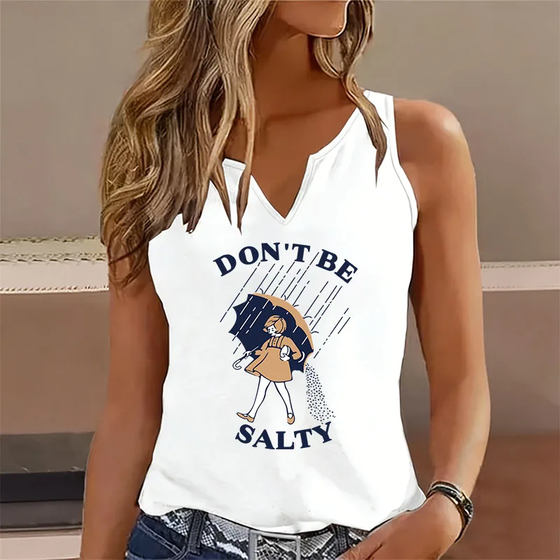 Funny Sleeveless Tank Top T-shirt V Neck Casual Fashion Dont Be Salty Girl Vest T Shirts Women Short Sleeve Tee Shirt V-Neck