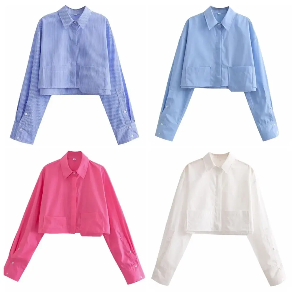 Leisure Striped Women's Cropped Shirt With Pockets Short Top Vintage Button-up Blouses Long sleeve Ins Style Travel