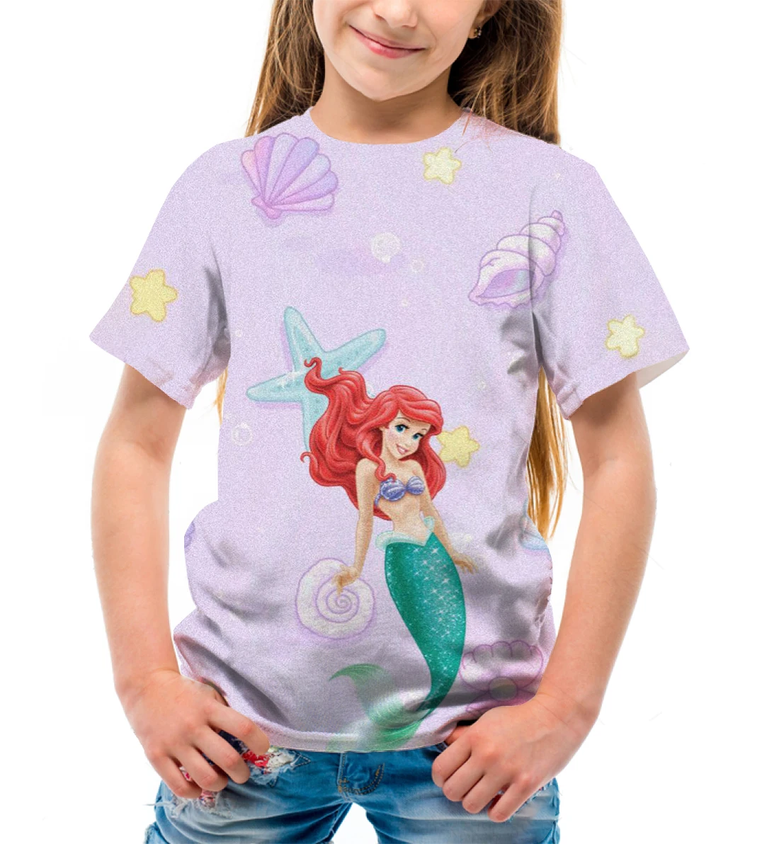 Disney Princess Elier Mermaid Mermaid Falling Top Women's Korean Fashion T -shirt Summer Clothing Short Sleeve