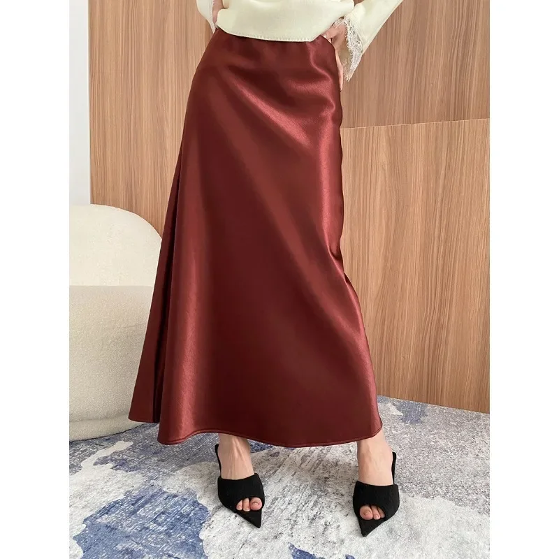 Women Vintage Wine Elegant Thick Temperament High Waist Drape Satin Fashion Simple Basic Office Lady Black Purple Long Skirt