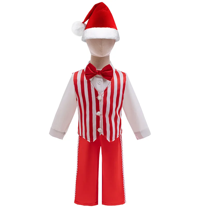 

Boys Christmas Suits Red And White Striped Vest Long Sleeve Shirt Pant & Hat Outfit Christmas Cosplay Costume Suits Toddler Gif
