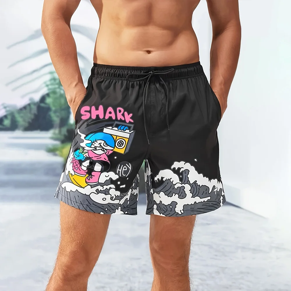 2025 Vacation Hawaiian Men's Beach Shorts Summer Breathable Quick Dry Elastic Waist Shorts Plus Size Shark Graphic Print Shorts