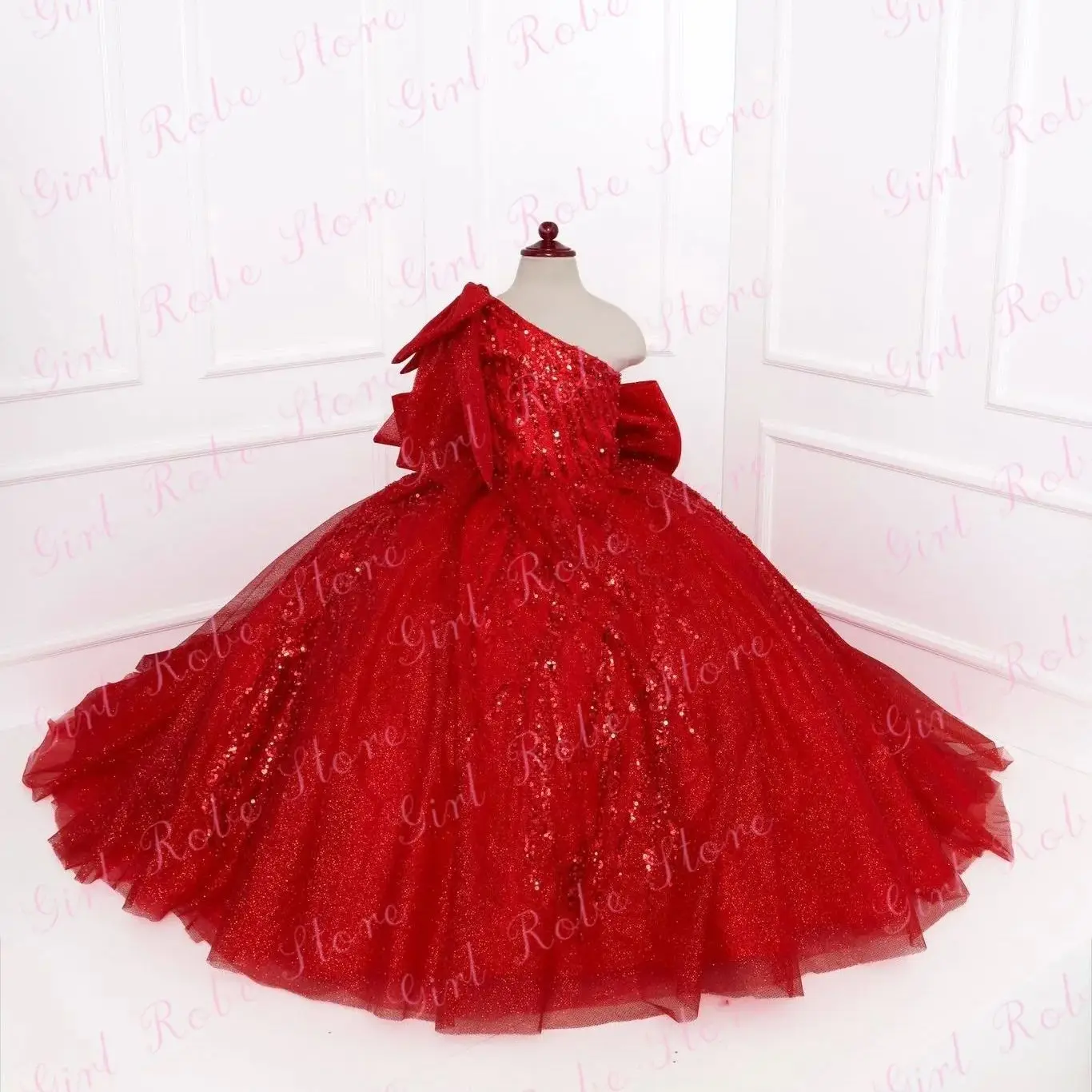 Customized Red Flower Girl Dress For Wedding Sequins Tulle Glitter One Shoulder Kids Birthday Gown vestidos de niñas elegantes