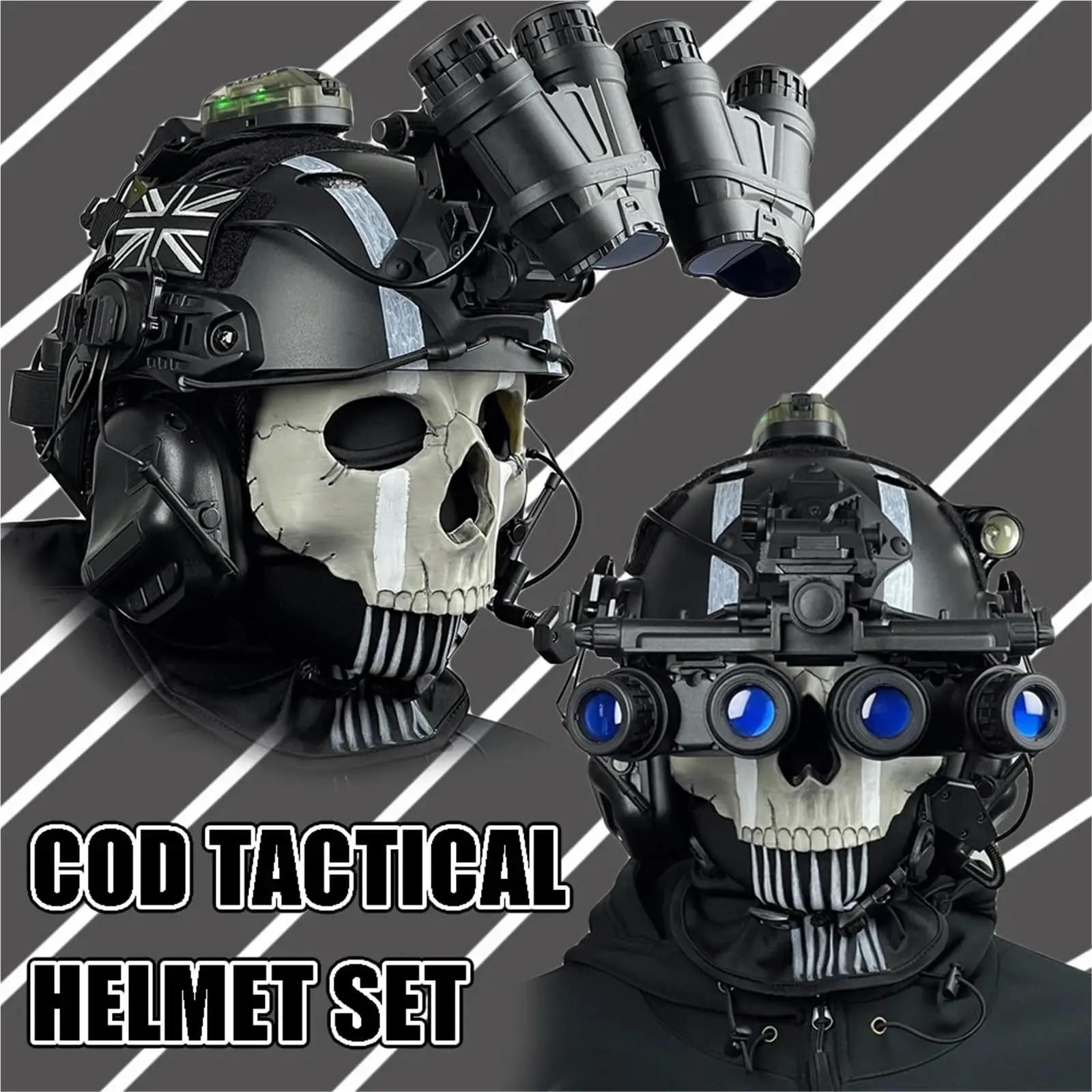 YCTAC Tactical Ghost Skull Mask Helmet Set with NVG Model Communication Headset for Airsoft Paintball Cosplay Wargame COD Fans