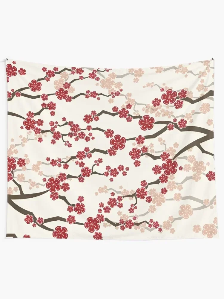 Red Oriental Cherry Blossoms On Ivory | Zen Japanese Sakura Flowers ? fatfatin Tapestry Cute Room Decor Decoration Wall Tapestry