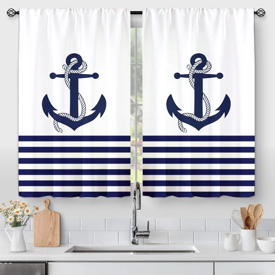 2PCS Digital Print Curtains, Navy Blue Anchor Rope Nautical Stripes on White, Coastal Beach for Living Room Bedroom Decor