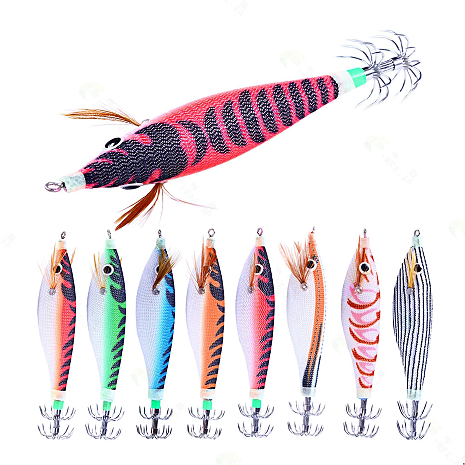 10cm/9.6g Fake Lure Wood Shrimp Bait Squid Hook Jigging Floating Hard Bait Wobbler Jig Bait Fishing Tackle Fishing Squid Lure