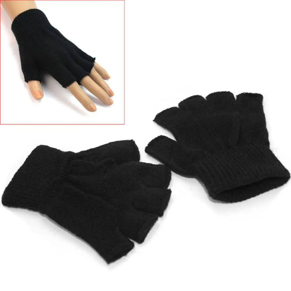 1 Pair Soft for Men Black Sports Cycling Thicken Knitted Gloves Mittens Fingerless Gloves Half Finger Gloves