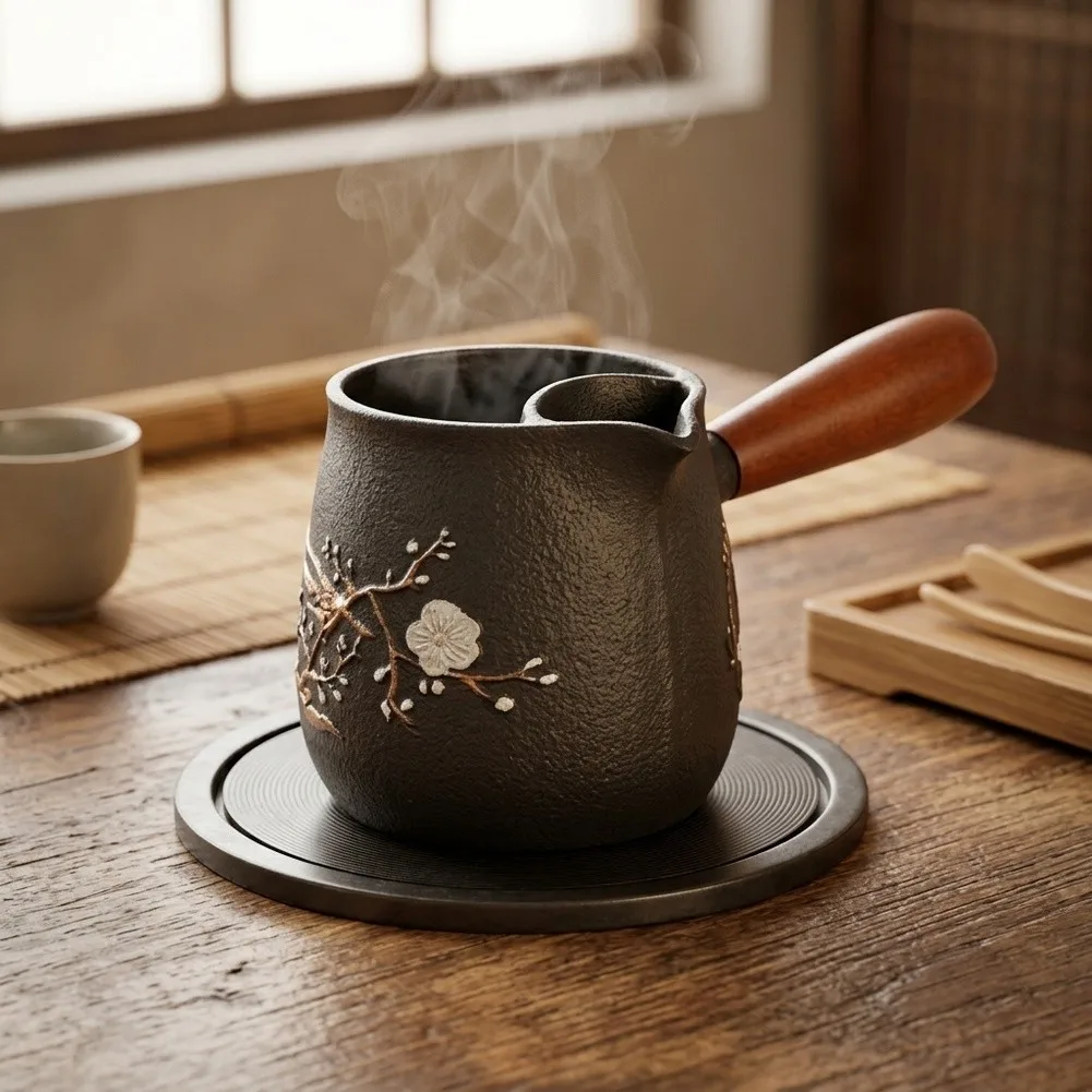 Cast Iron Tea Pot 0.6L Flat Bottom Construction with Filter Spout for Safe and Effective Stovetop Tea Preparation