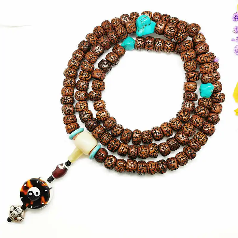 11-12mm 108 Tibet Old-taste Rudraksha Bodhi Prayer Beads Mala with Taiji Ending Charm BRO071