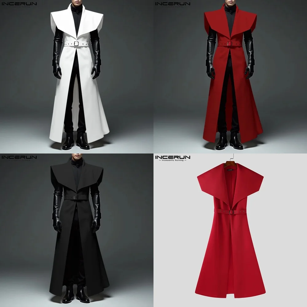 

Мужской длинный стильный плащ без рукавов с лацканами, однотонная уличная одежда, повседневный мужской кардиган с поясом S 5XL